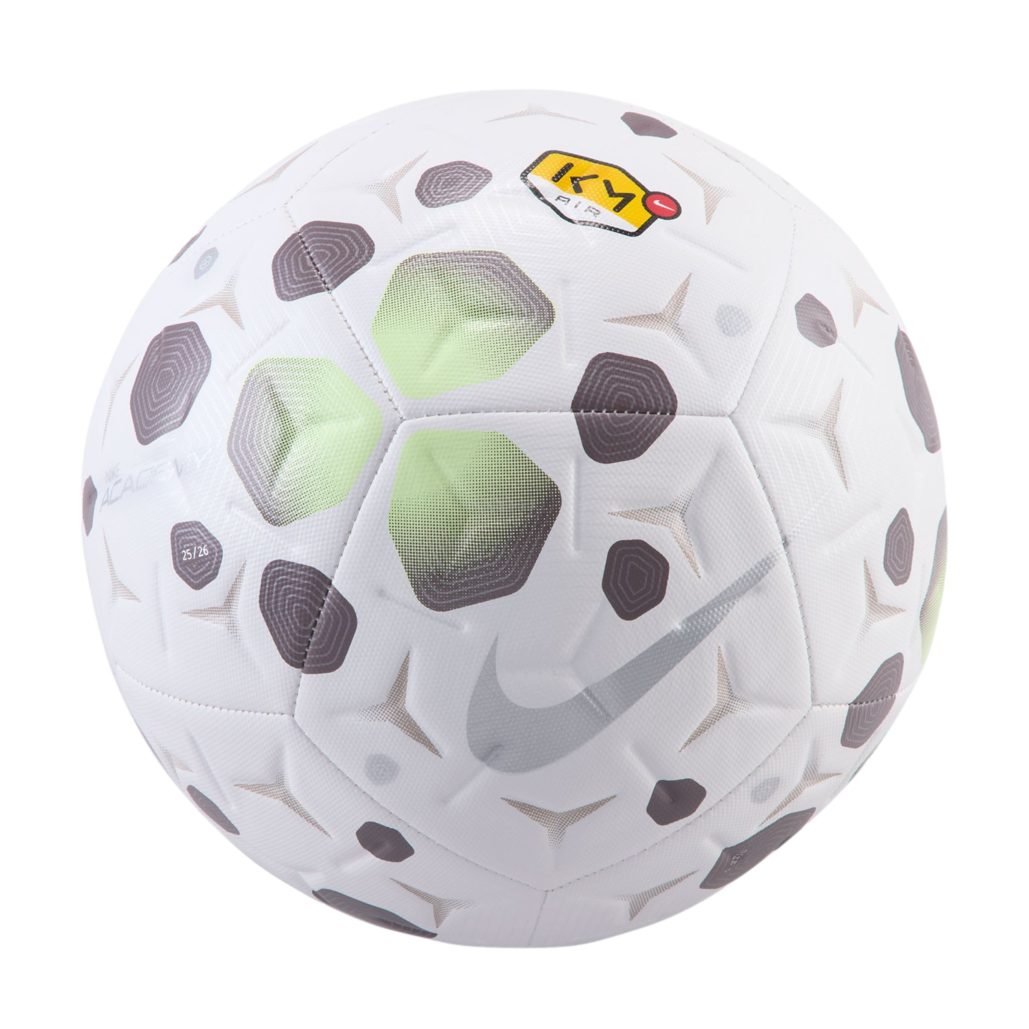 White Nike football with grey and light green geometric hexagonal patterns, a silver swoosh logo, and a yellow "TN Air" emblem.