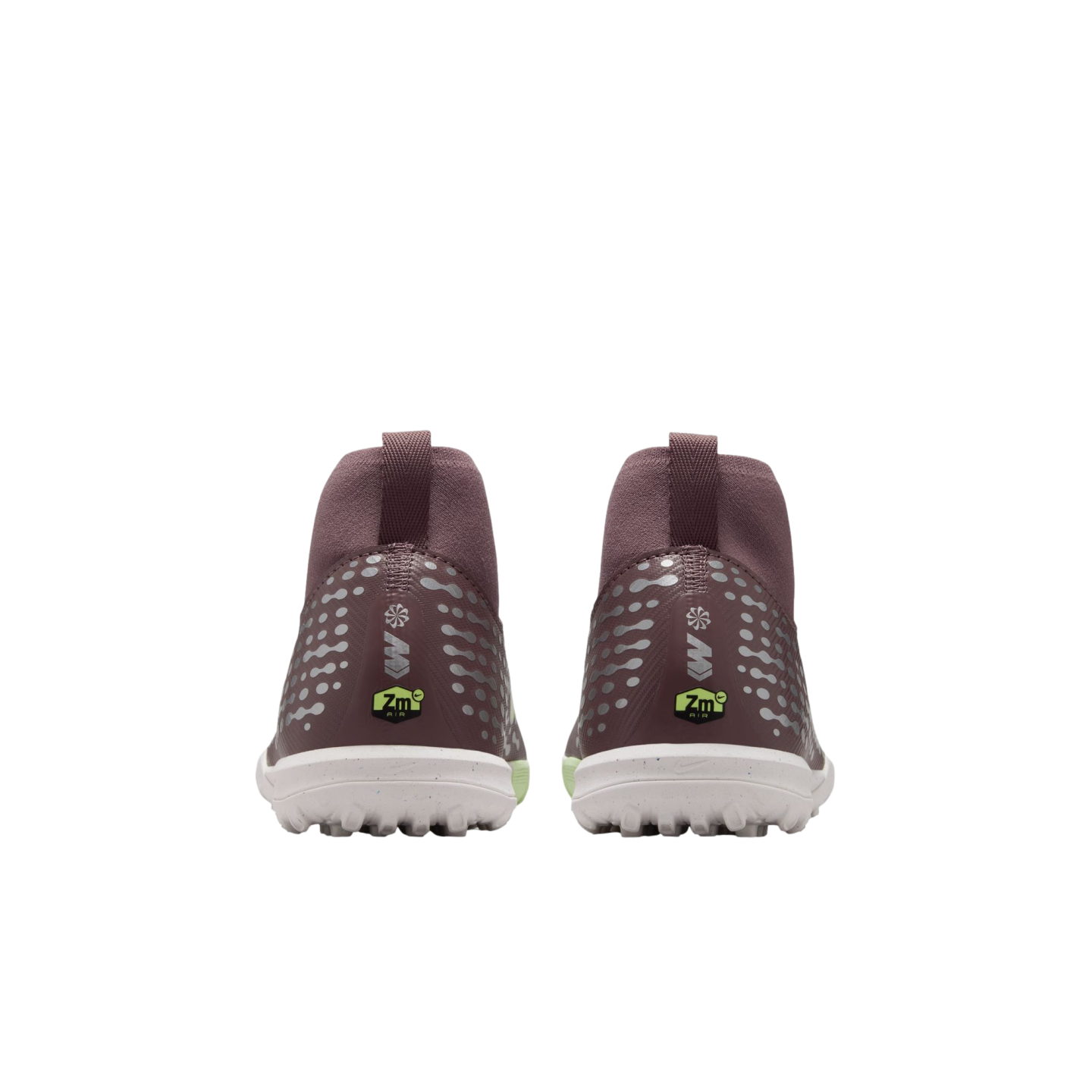 Rear view of purple Nike Mercurial soccer cleats with white studded soles and "Zm Air" branding on the heels, set against a black background.