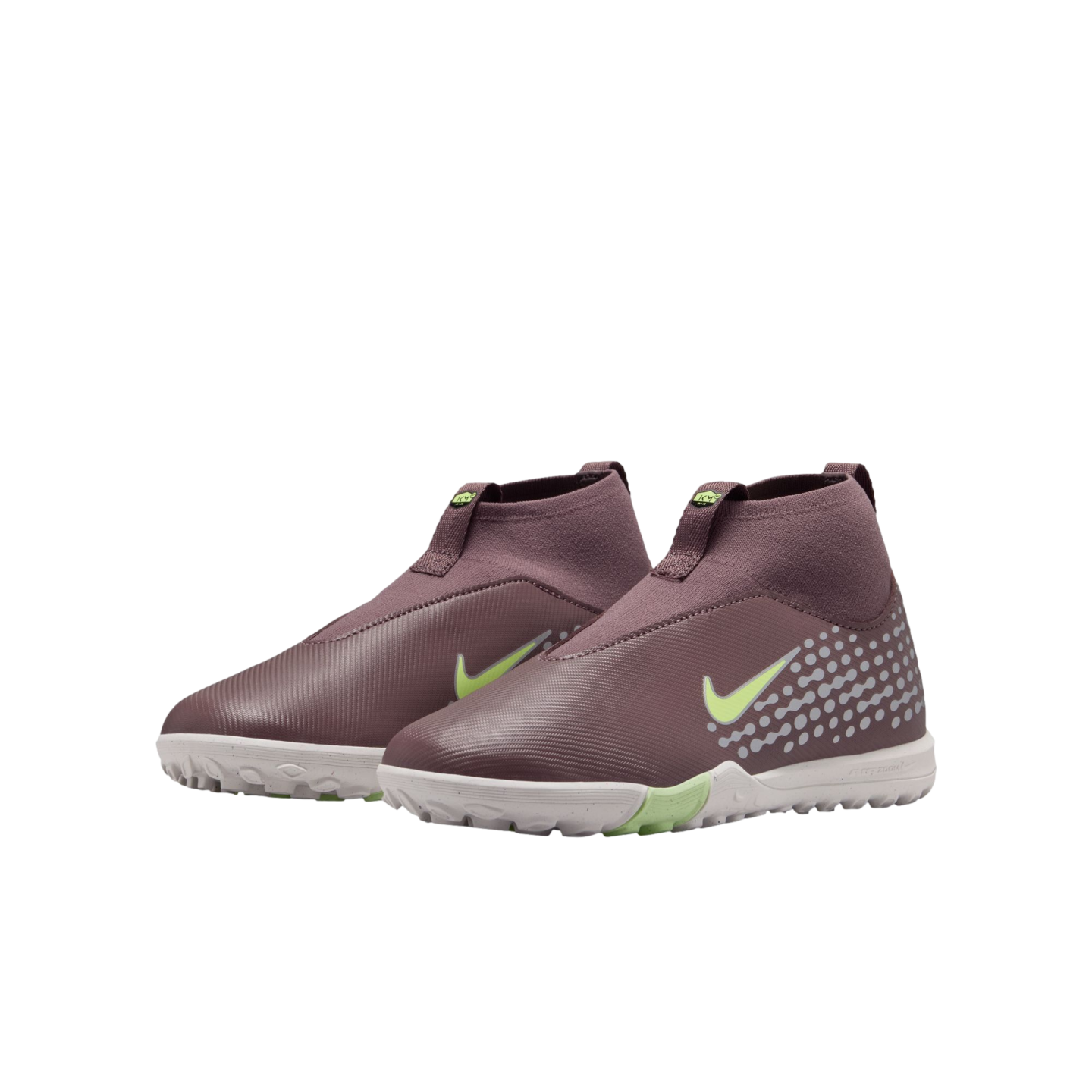 Dark purple Nike mid-cut turf soccer shoes with lime green swooshes and grey dot accents, against a black background.