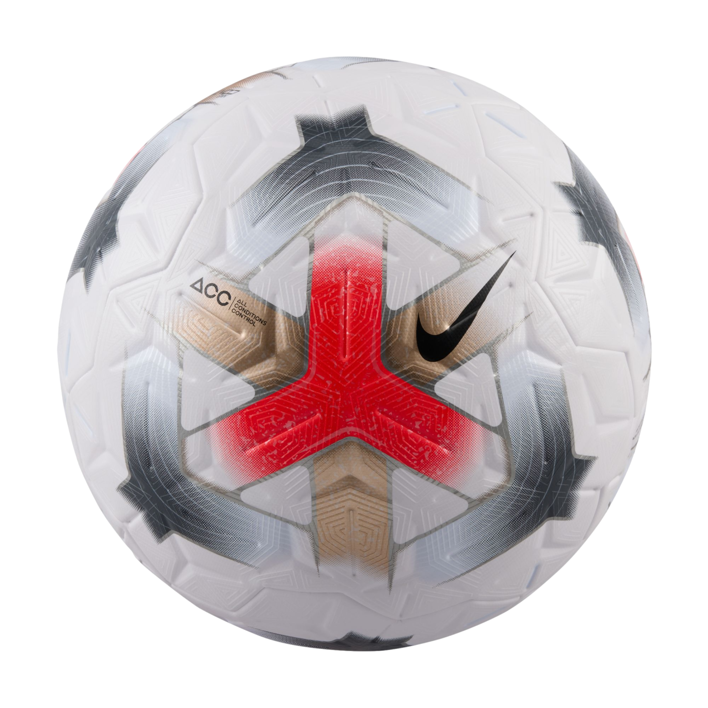 A white Nike soccer ball with red, gold, and grey geometric patterns, a black swoosh, and textured panels.