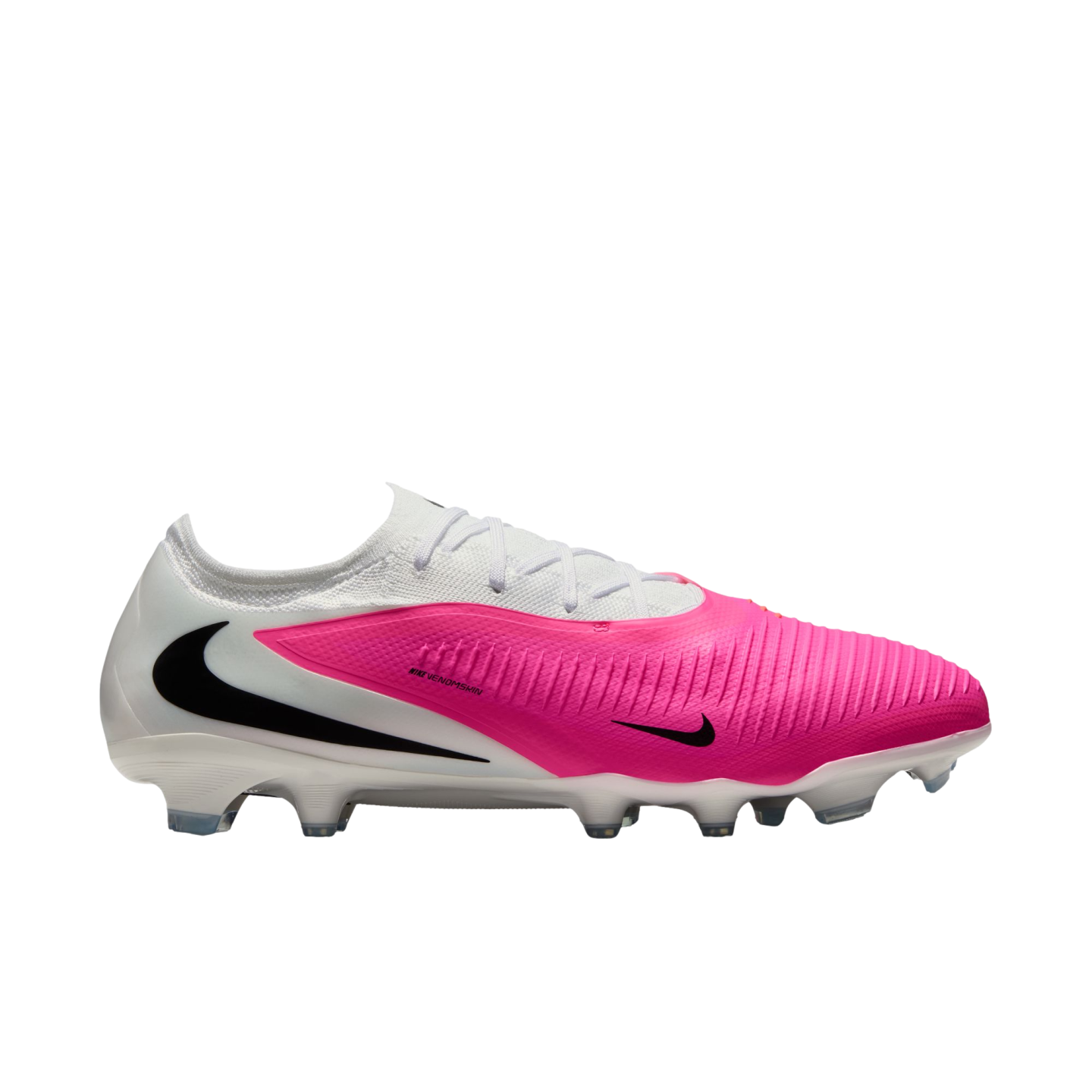 A low-cut Nike soccer cleat with a hot pink textured front, white heel, and black Nike swooshes, presented on a white background.