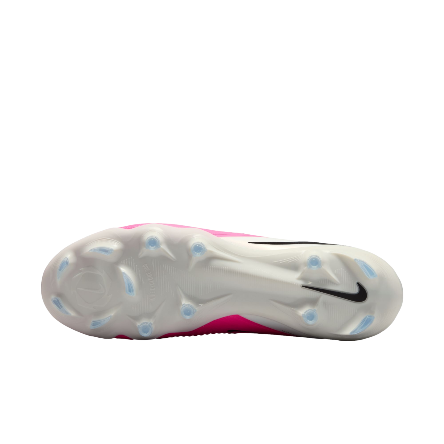 The white sole of a Nike soccer cleat with light blue studs, a black swoosh on the heel, and a pink and white upper.