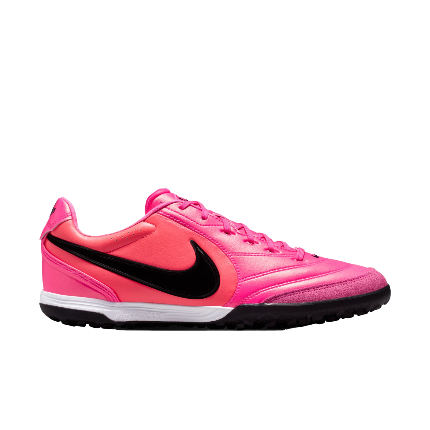 Side profile of a vibrant pink Nike React Gato indoor soccer shoe with a black swoosh, white midsole, and black rubber outsole.