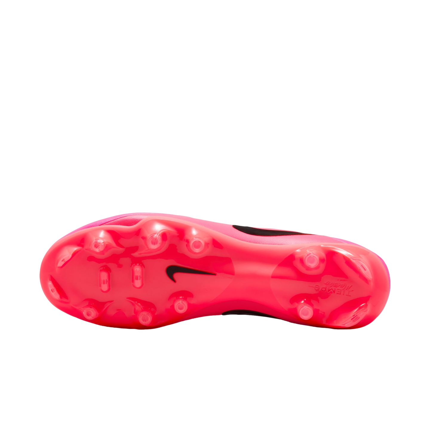 Underside view of a pink Nike Tiempo soccer cleat, featuring a translucent pink soleplate with traction studs and a small black swoosh logo.