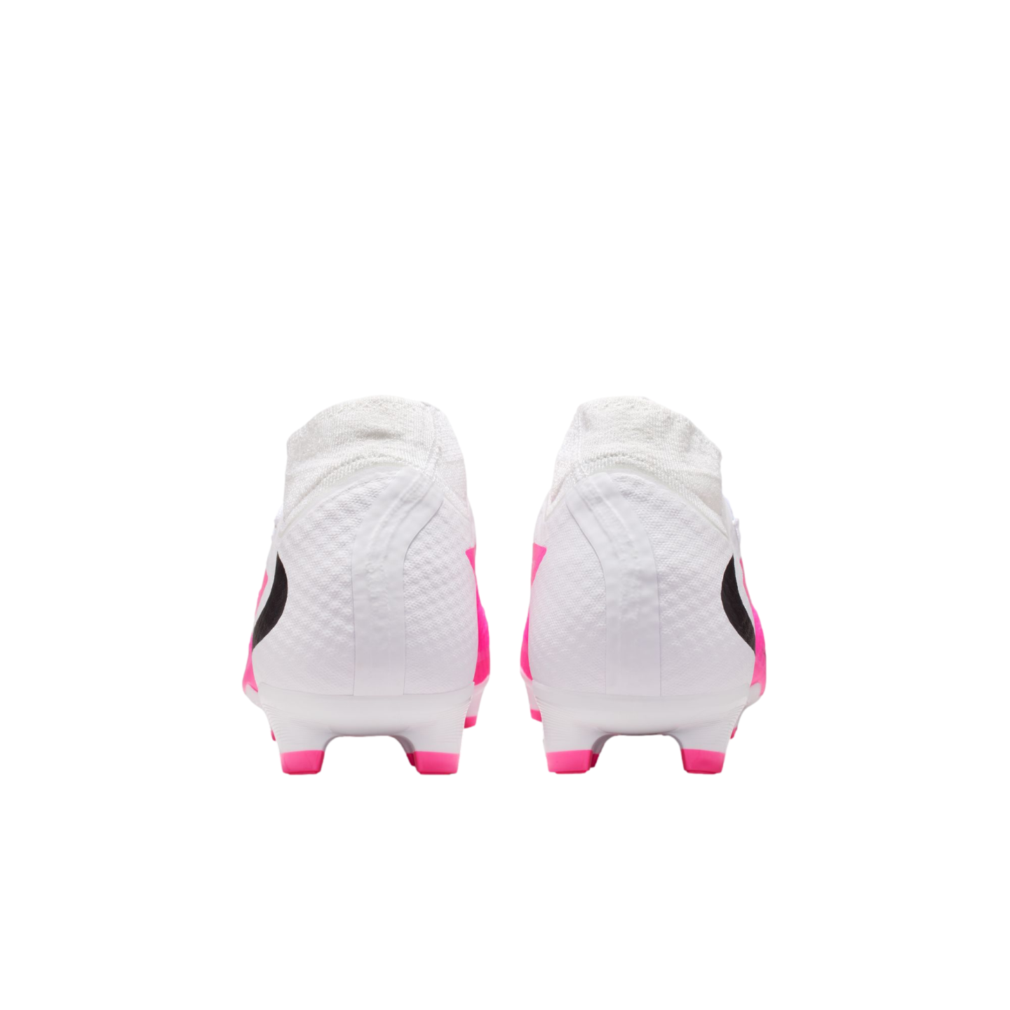 Rear view of a pair of white soccer cleats with pink and black accents on a white background.