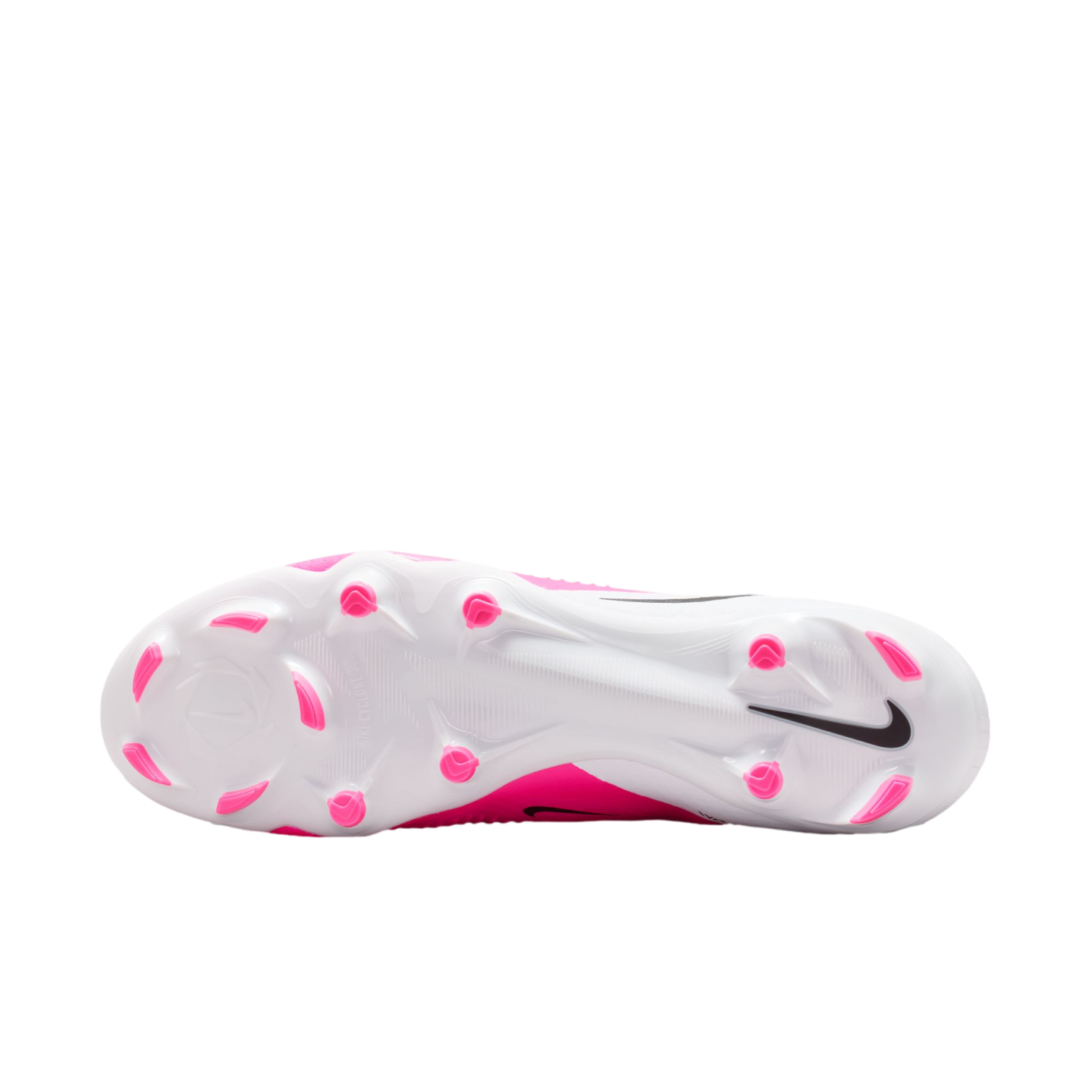 The white and pink soleplate of a Nike soccer cleat, showing bright pink studs and a black swoosh logo on the heel.