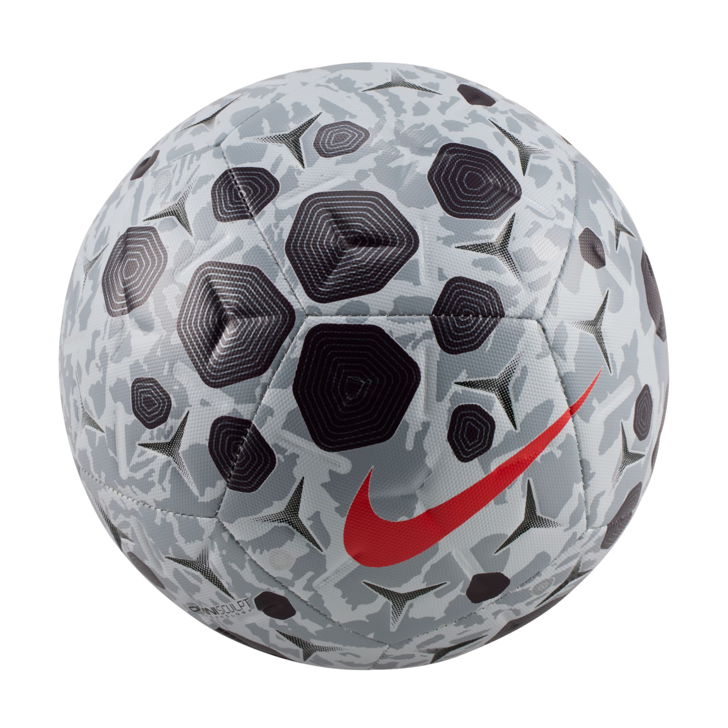 A light gray Nike soccer ball featuring a dark gray camouflage pattern, textured black pentagonal shapes, and a bright red swoosh logo, set against a solid black background.