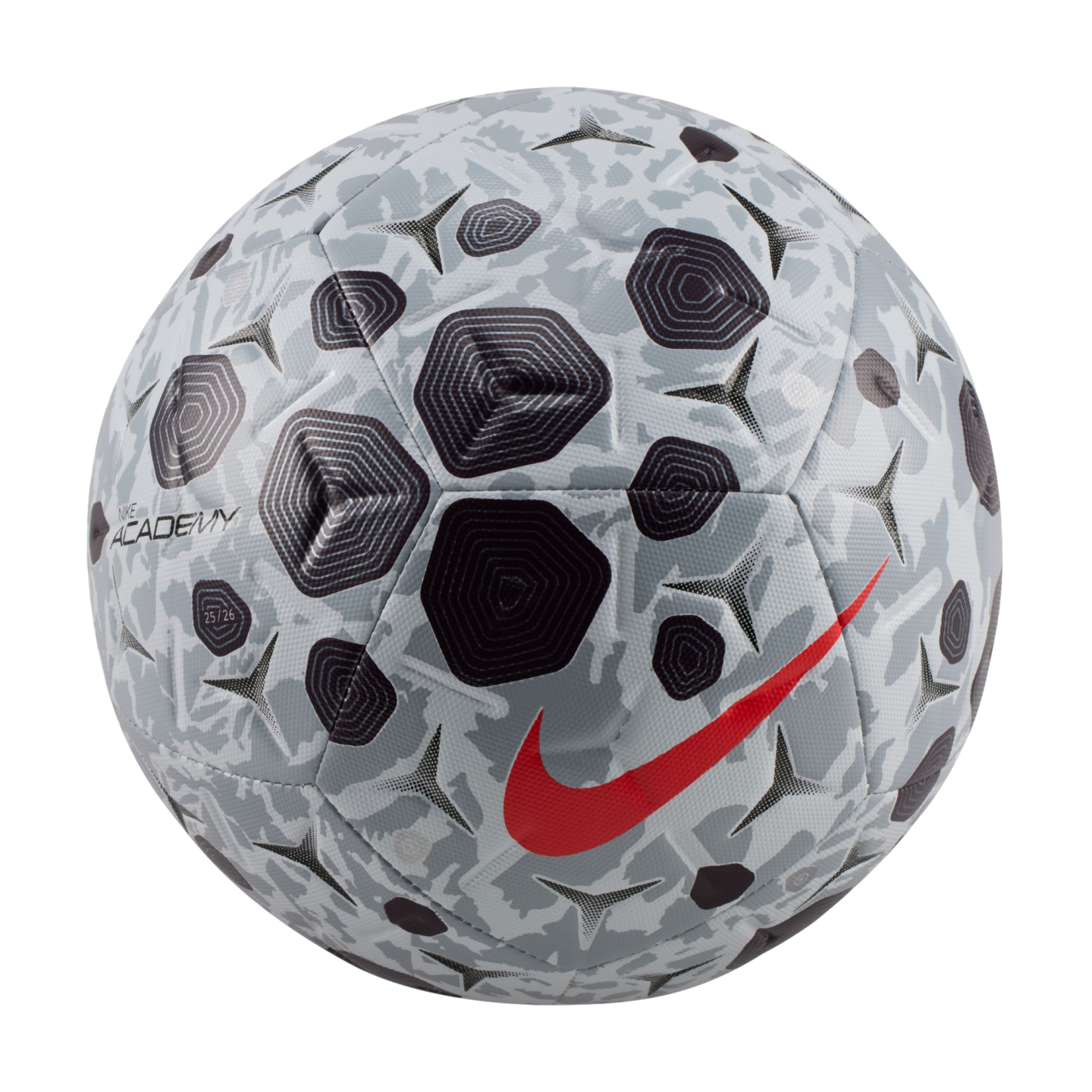 A Nike Academy soccer ball with a gray and black geometric pattern and a vibrant red swoosh logo, isolated against a solid black background.