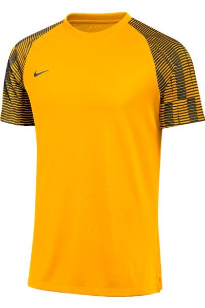 Bright orange Nike short-sleeved athletic t-shirt featuring black graphic-patterned raglan sleeves and a black swoosh logo on the chest.