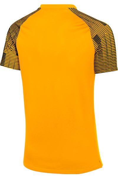 Back view of a bright yellow athletic jersey with black horizontal graphic patterns on the sleeves and shoulders.