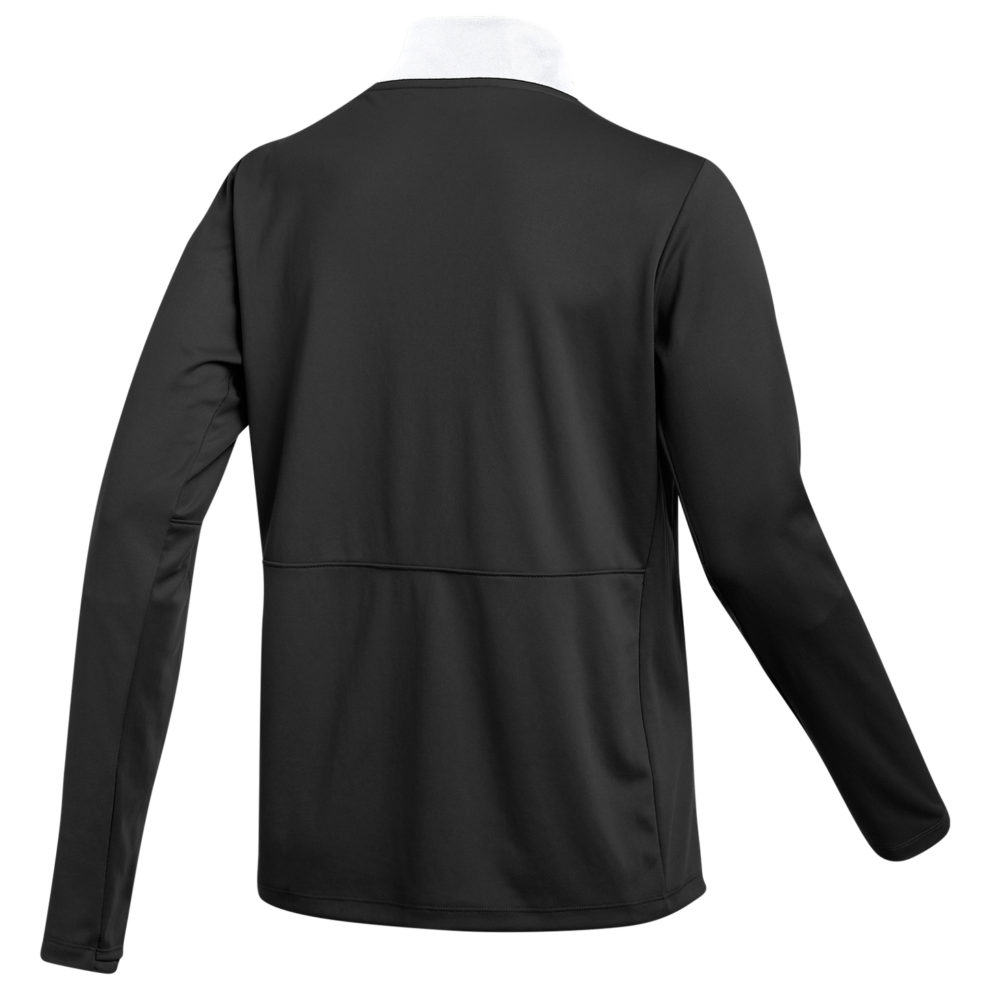 Rear view of a black long-sleeved jacket with a white mock-neck collar and a horizontal seam across the back.