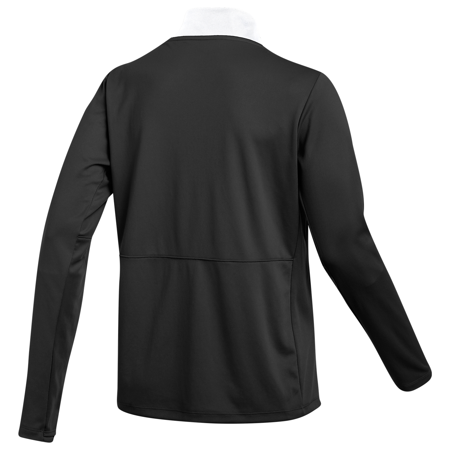 Rear view of a black long-sleeved jacket with a white mock-neck collar and a horizontal seam across the back.