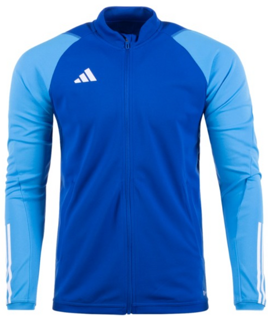 Blue Adidas full-zip track jacket with light blue raglan sleeves, a white logo on the chest, and white stripes on the cuffs.