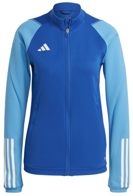 Blue and light blue Adidas zip-up jacket with a white logo on the chest and white stripes on the lower sleeves.