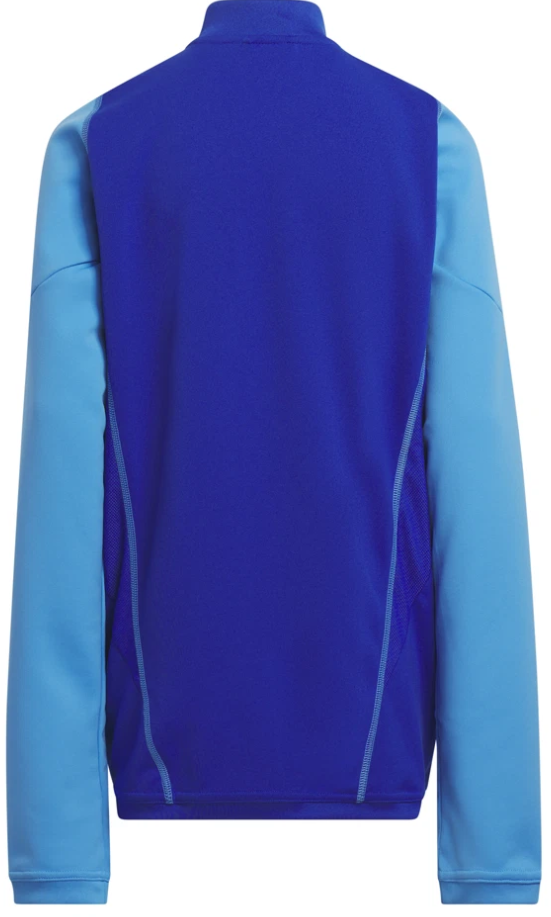 Back view of a royal blue long-sleeved athletic jacket featuring light blue sleeves and light blue contrast stitching down the back.