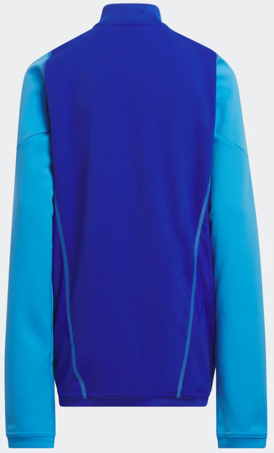 Back view of a two-tone blue athletic jacket featuring a dark blue body, light blue sleeves, and cyan contrast stitching along curved side seams.