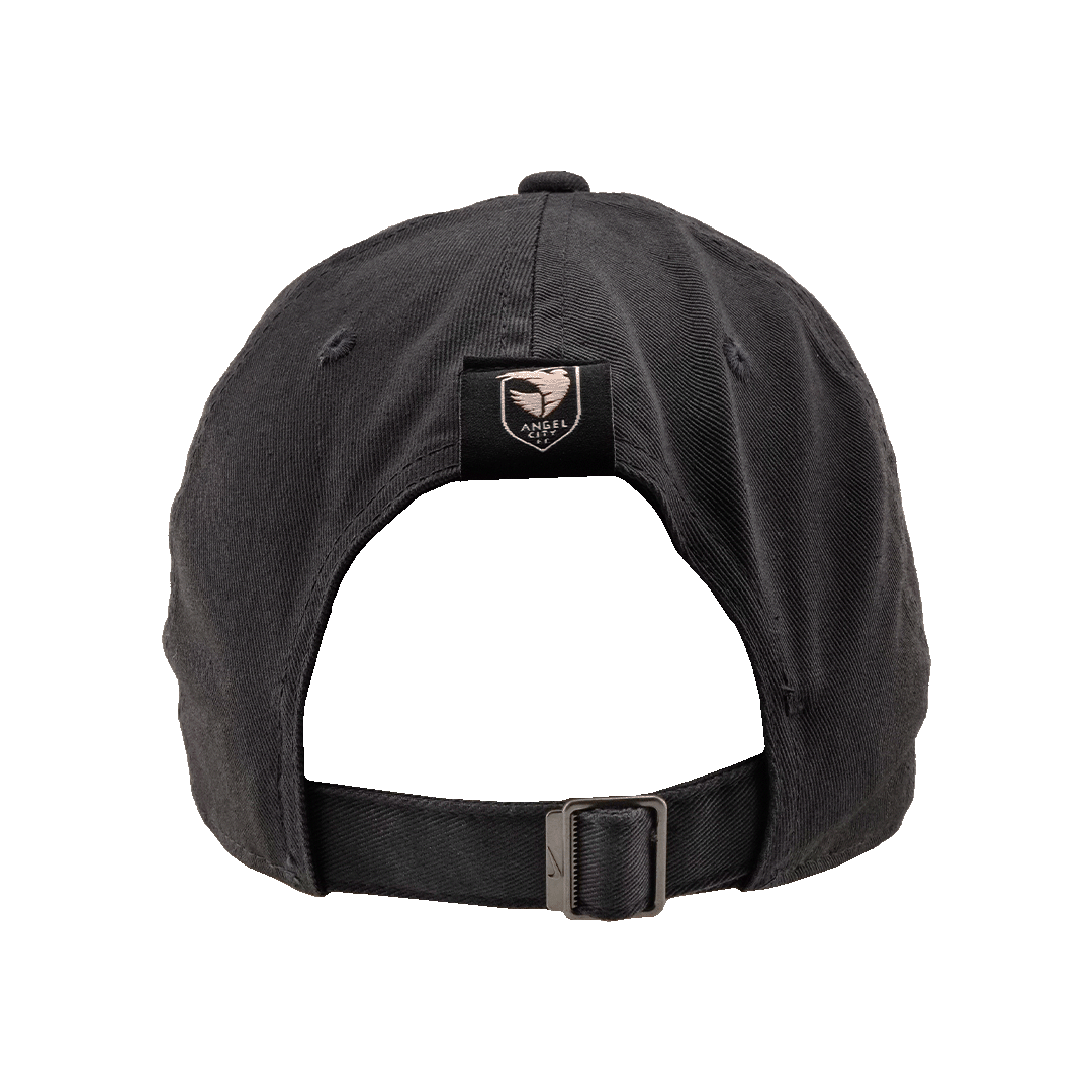 Back view of a black adjustable baseball cap featuring an Angel City FC logo patch above the rear opening and a slider buckle strap.