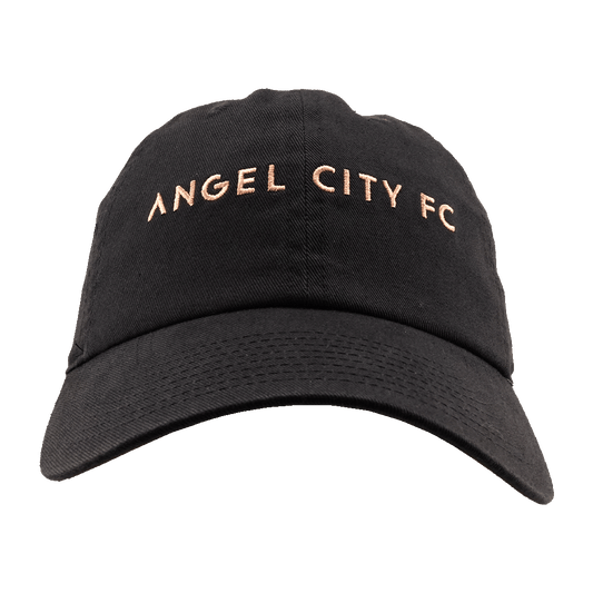 A black baseball cap featuring the words "ANGEL CITY FC" embroidered in rose gold across the front.
