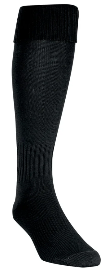 A black knee-high athletic sock with a ribbed cuff and ankle support, displayed against a plain white background.