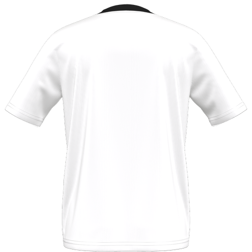 Rear view of a white short-sleeved shirt with a black collar.