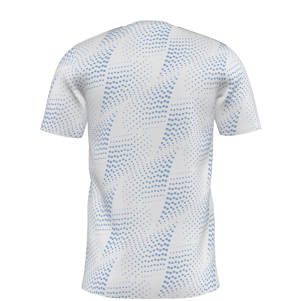 Back view of a white short-sleeved jersey featuring a wavy light blue halftone dot pattern.