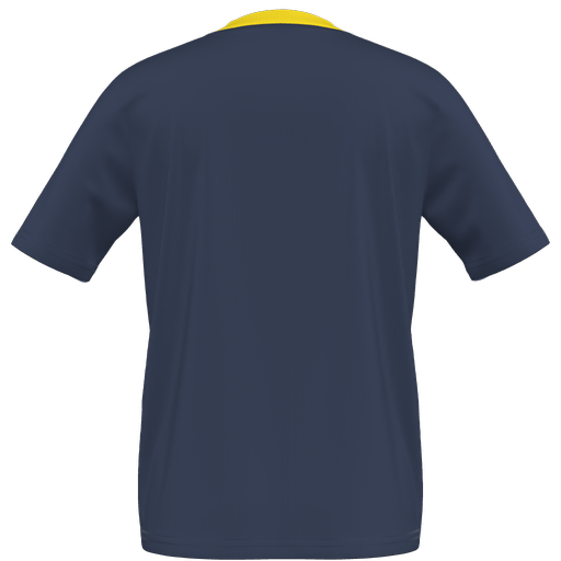 Back view of a navy blue short-sleeved t-shirt with a yellow collar.