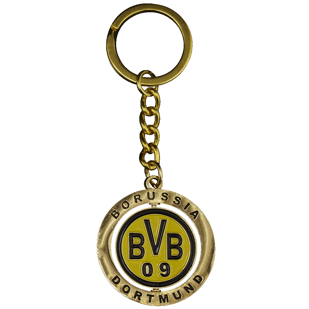 Gold keychain featuring a spinning circular pendant with the yellow and black Borussia Dortmund BVB 09 logo.
