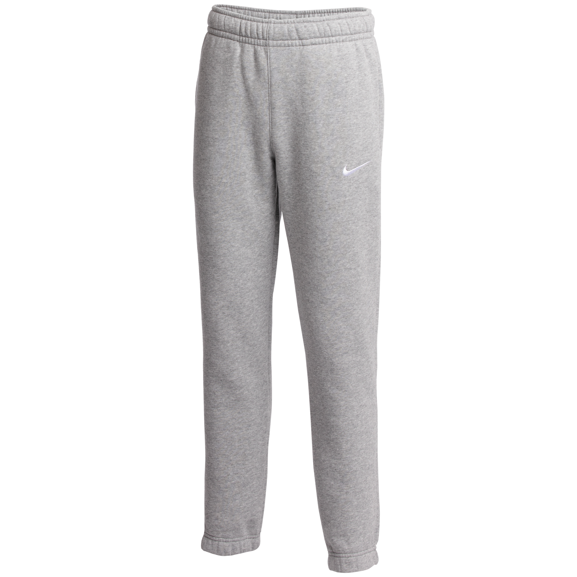 A pair of light gray Nike sweatpants with an elastic waistband and a white swoosh logo on the left leg.