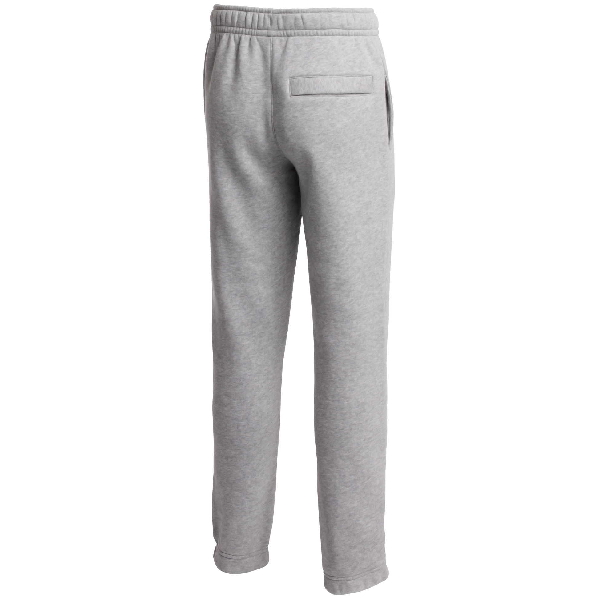Back view of light grey heather sweatpants with an elastic waistband and a single back welt pocket.