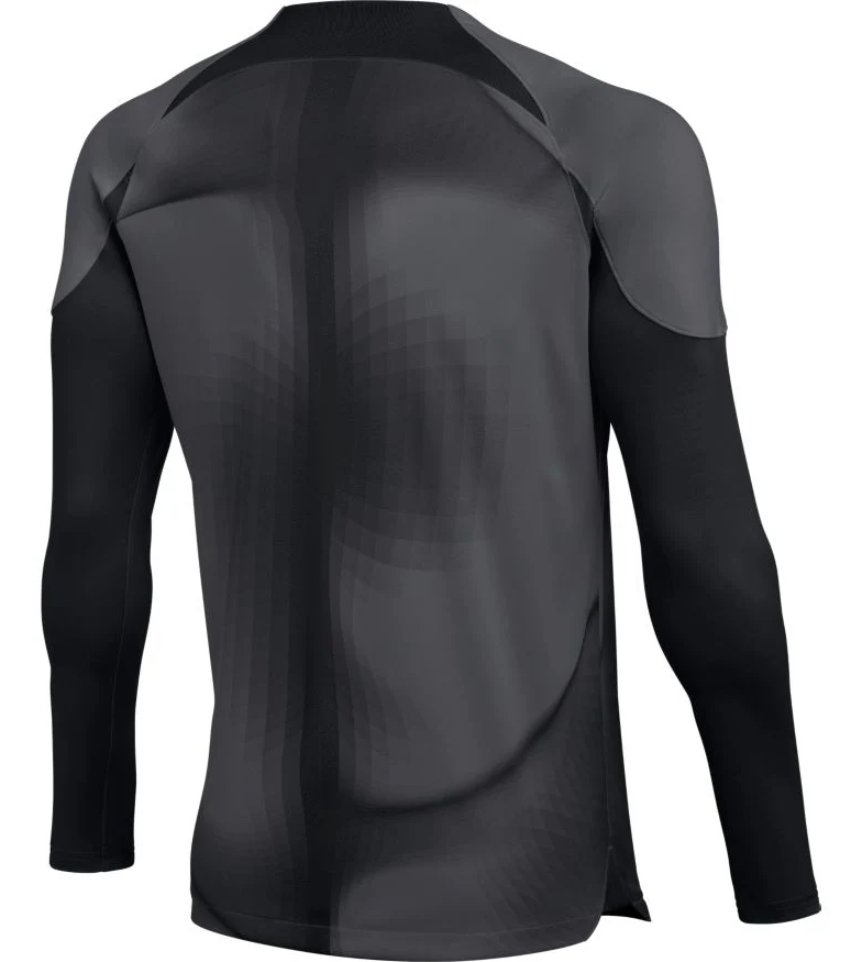 The back view of a long-sleeved athletic compression shirt in shades of black and gray, featuring a subtle wavy geometric pattern on the back panel and solid black sleeves.
