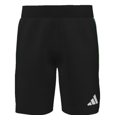 Black athletic shorts with a white Adidas logo on the lower left leg and a small green stripe on the upper right side.