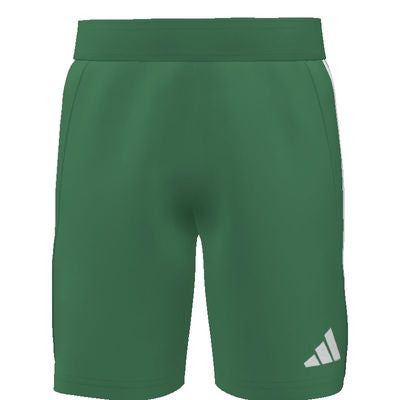 Green Adidas athletic shorts featuring an elastic waistband and white logo on the lower right leg.