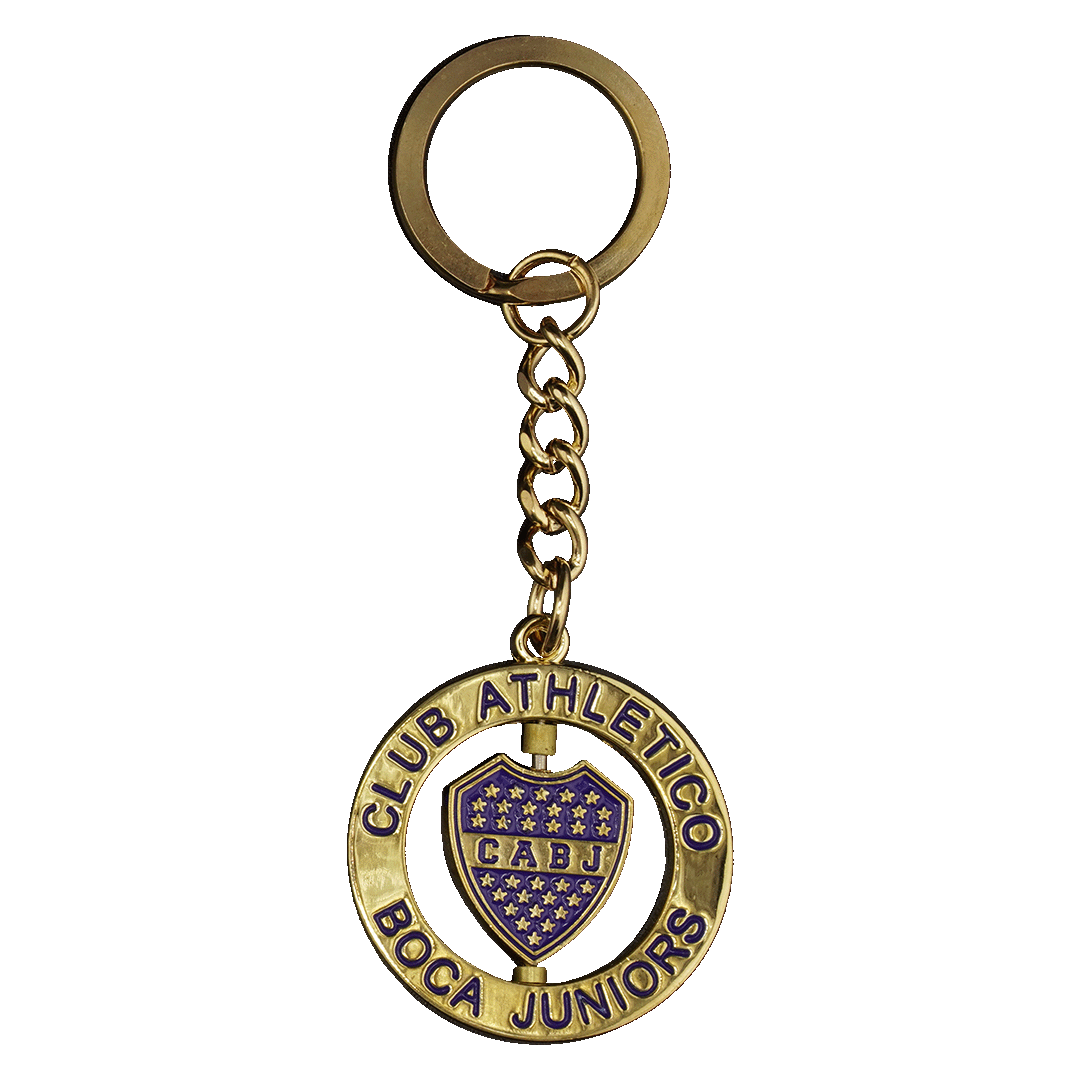 Gold-toned Boca Juniors keychain featuring a rotating CABJ shield logo inside a circular frame inscribed "CLUB ATHLETICO BOCA JUNIORS".