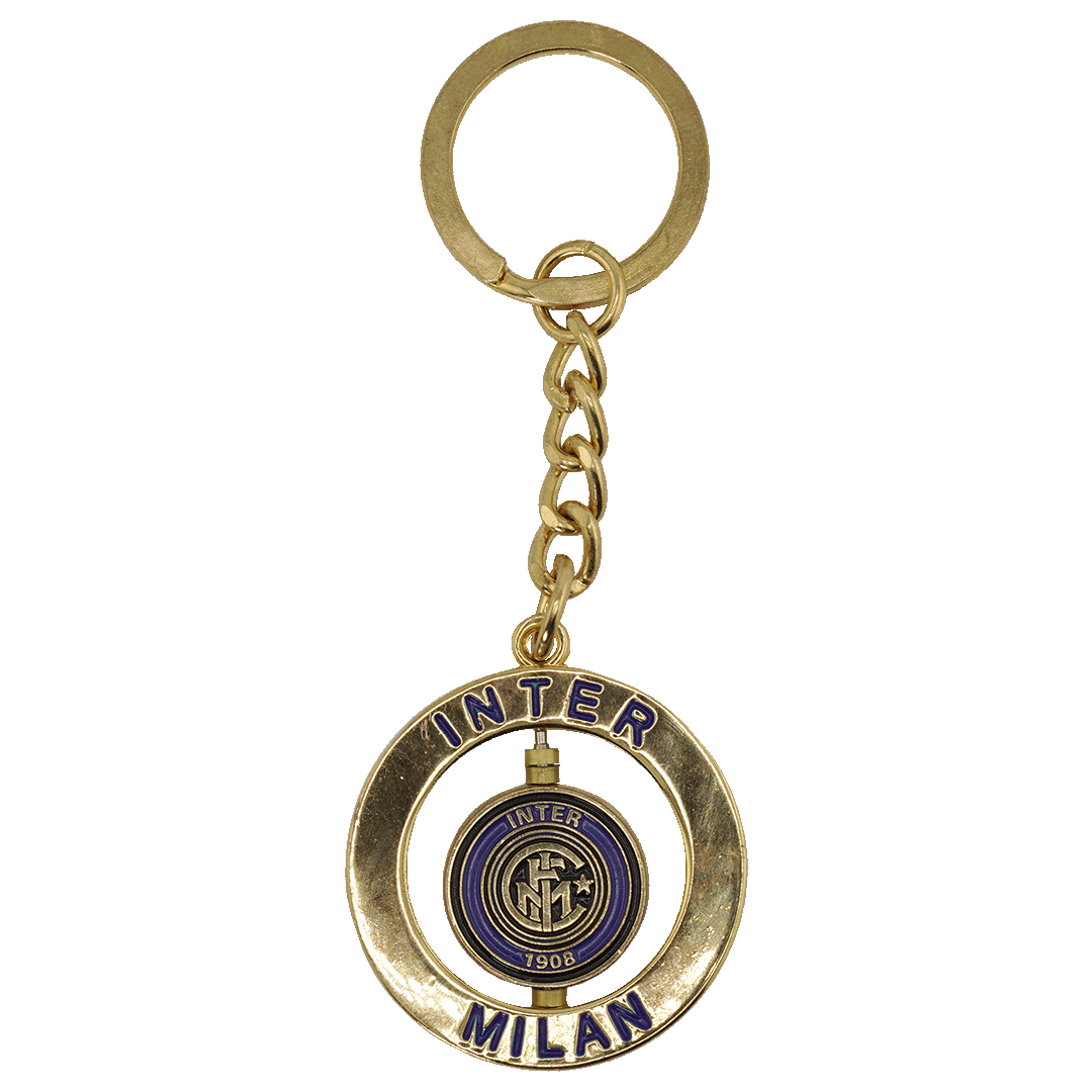 Gold-colored Inter Milan keychain with a spinning medallion featuring the club crest and "1908". The outer ring is inscribed with "INTER MILAN" in blue letters.