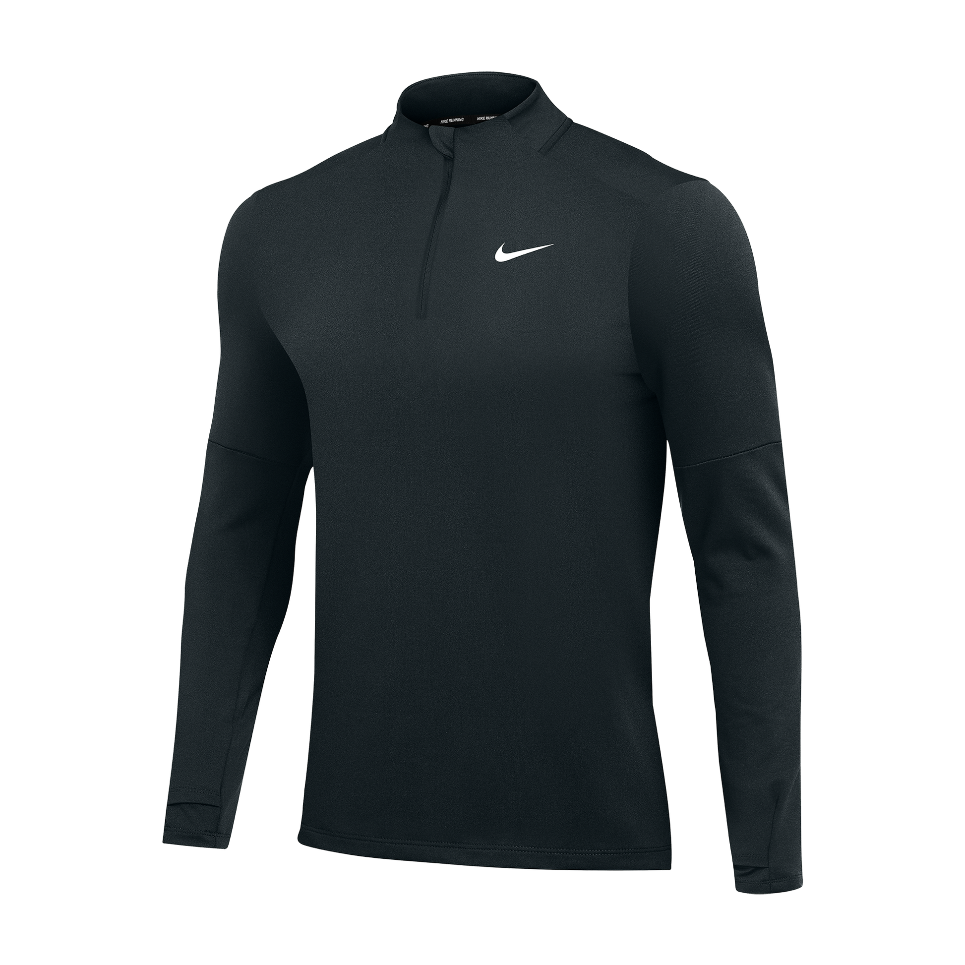 Black Nike half-zip long-sleeve athletic shirt featuring a white swoosh logo on the left chest and thumbholes at the cuffs.