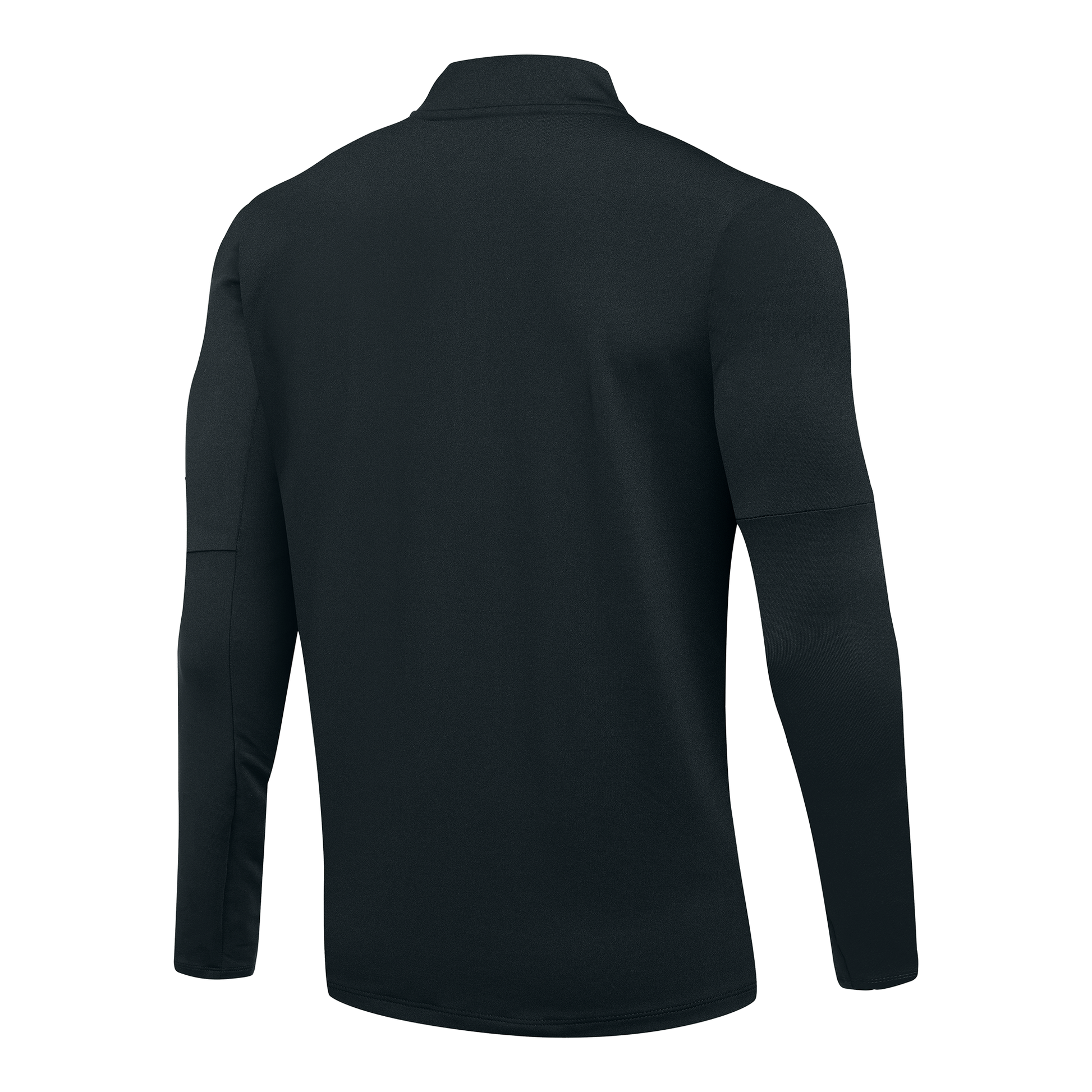 Back view of a black long-sleeve athletic top featuring a mock neck and horizontal seams on the sleeves.