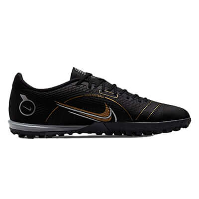 (NIKE-DJ2879-007) Nike Mercurial Vapor 14 Academy Turf Shoes [BLACK/METALLIC GOLD-METALLIC SILVER]