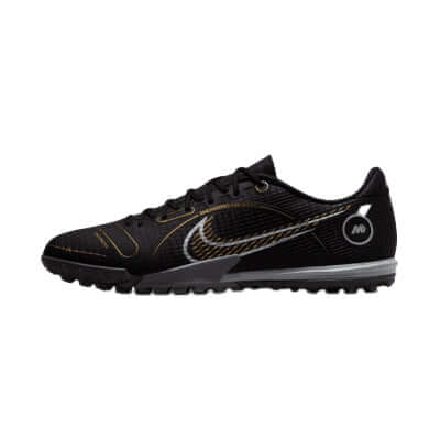 (NIKE-DJ2879-007) Nike Mercurial Vapor 14 Academy Turf Shoes [BLACK/METALLIC GOLD-METALLIC SILVER]