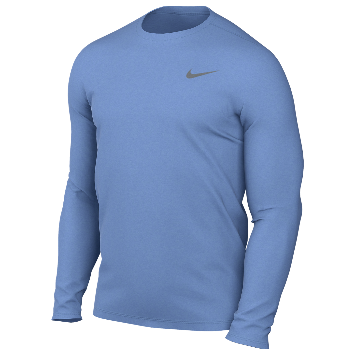 A light blue long-sleeved Nike performance crew-neck shirt with a small grey swoosh on the left chest.