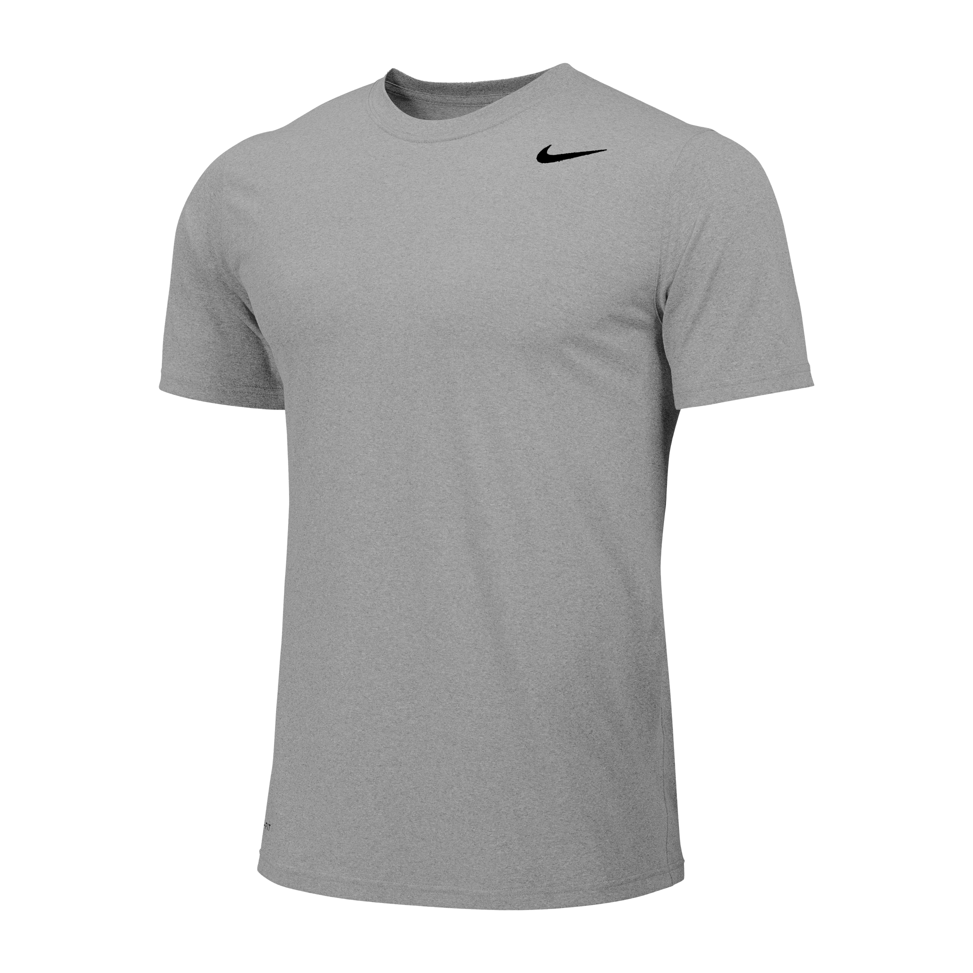 Heather gray Nike short-sleeve performance t-shirt with a black swoosh logo on the upper left chest.