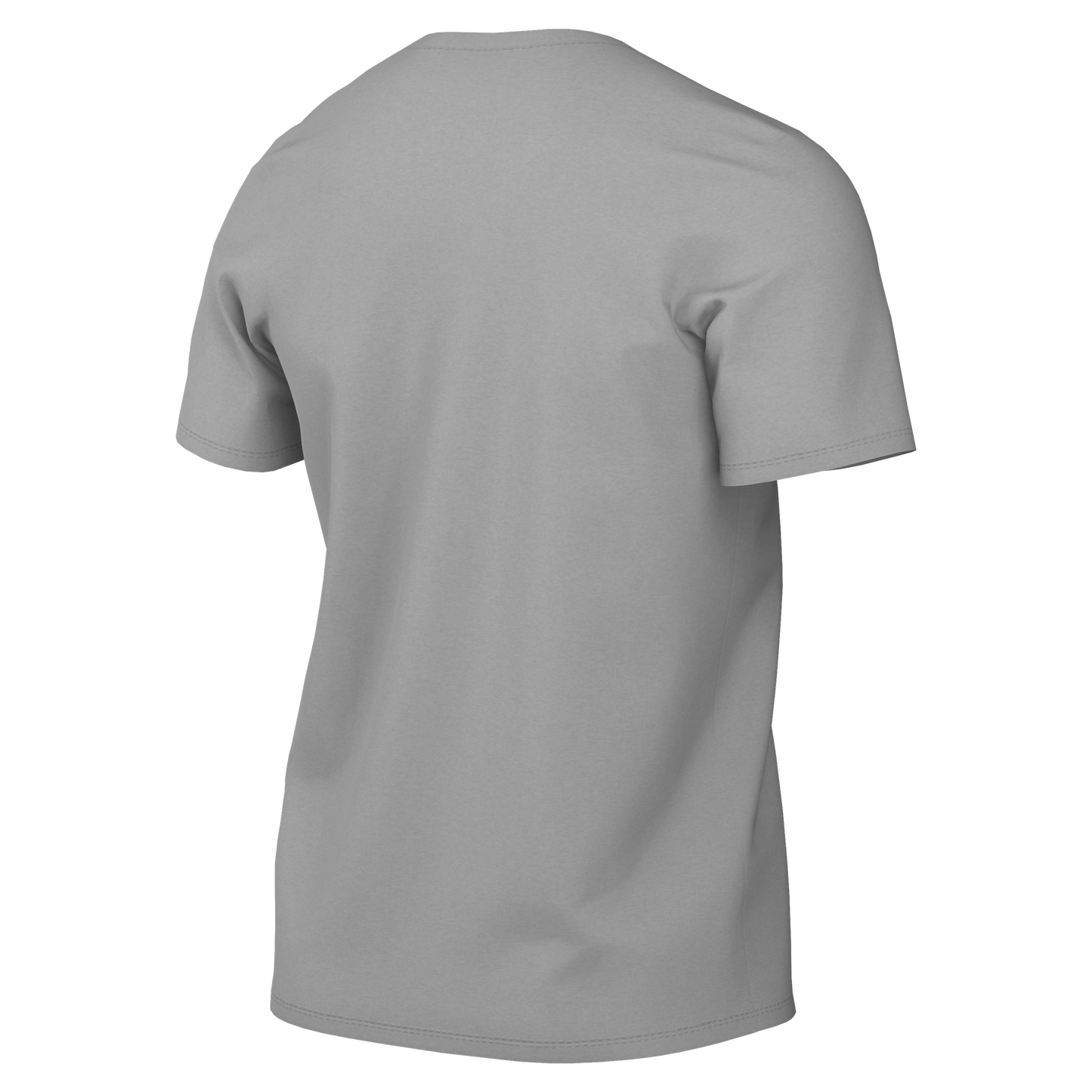 Back view of a plain grey short-sleeved crewneck t-shirt against a black background.