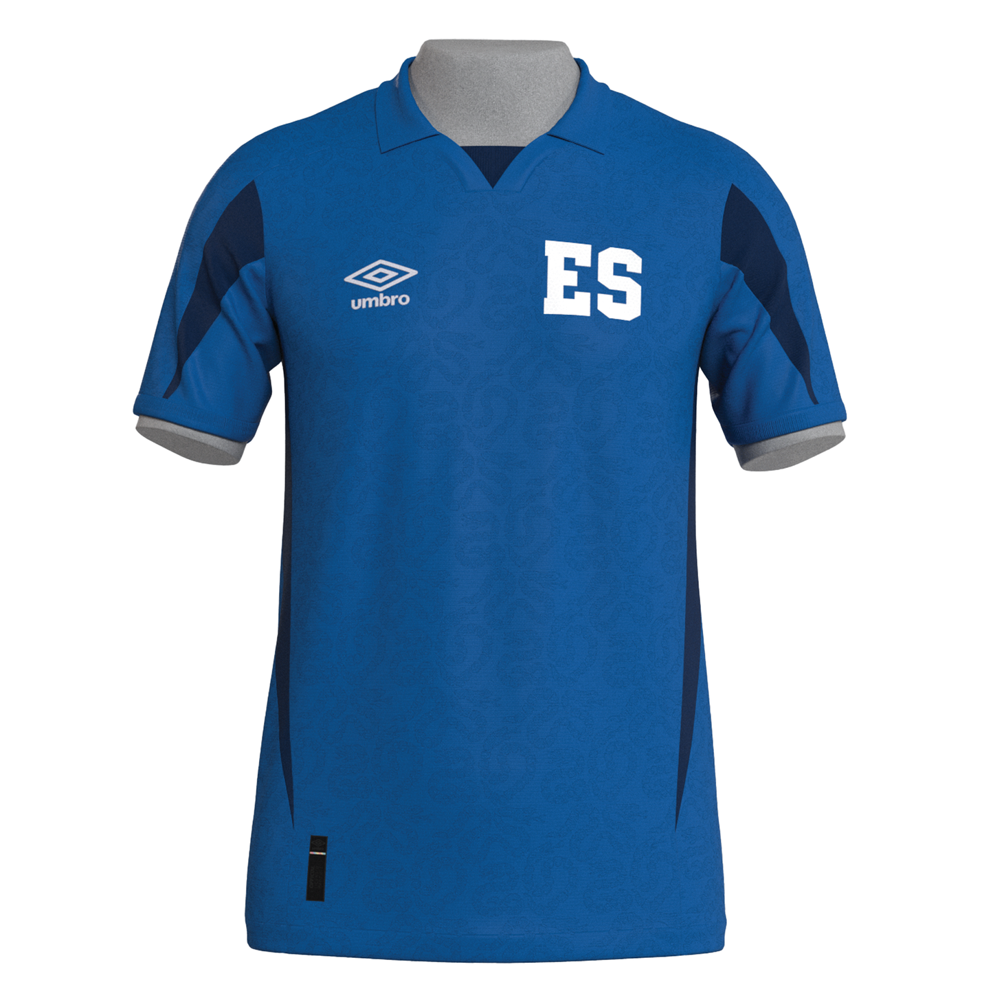 Blue Umbro soccer jersey with white "ES" logo and dark blue accents on a mannequin.