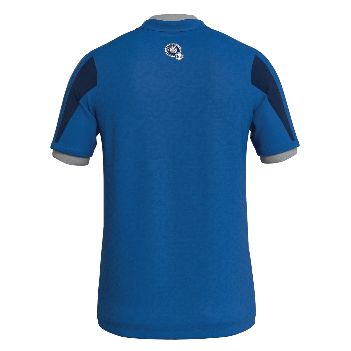 Back view of a blue soccer jersey with grey sleeve cuffs, navy shoulder accents, and a small logo below the collar. The fabric features a subtle tonal pattern.