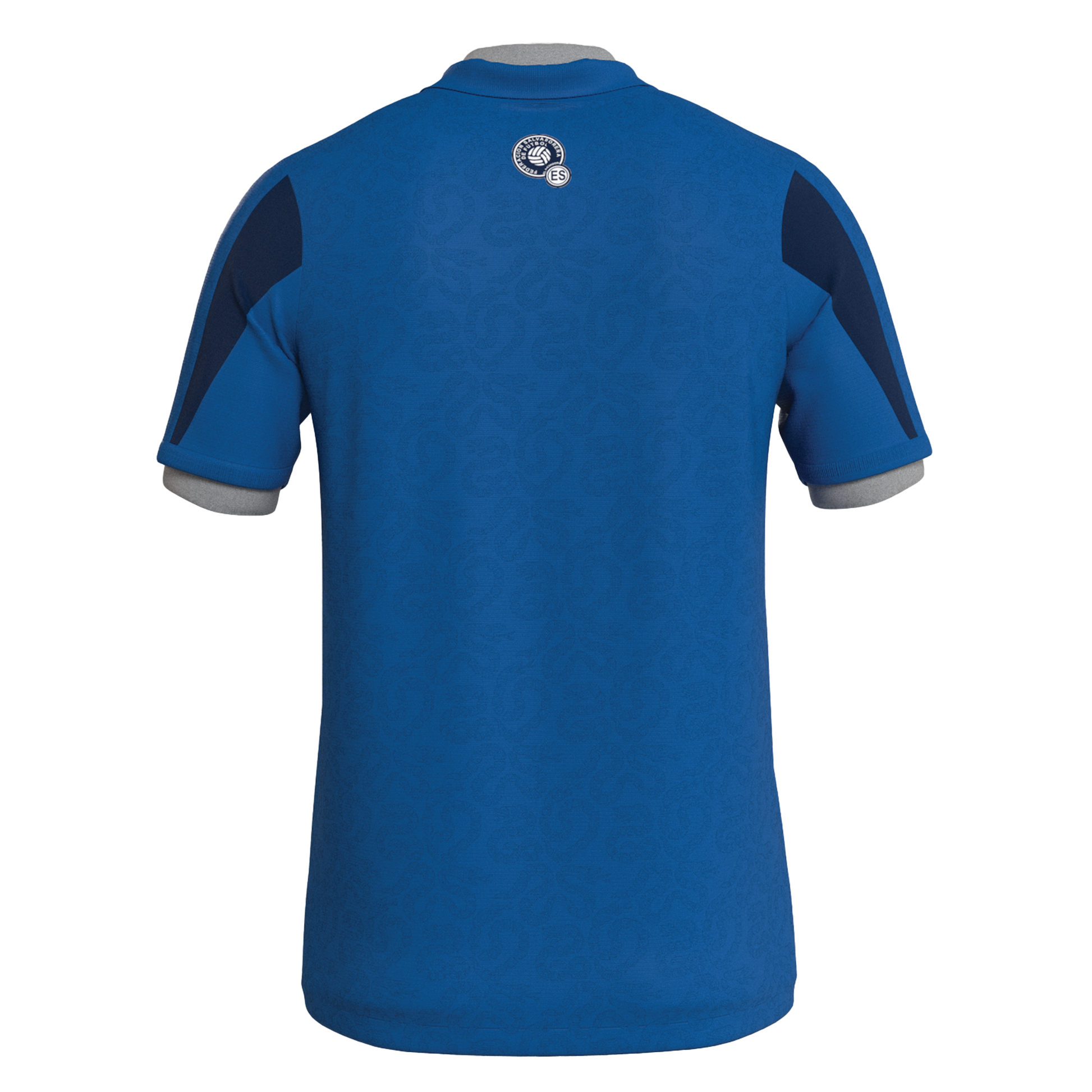 Back view of a blue soccer jersey with grey sleeve cuffs, navy shoulder accents, and a small logo below the collar. The fabric features a subtle tonal pattern.