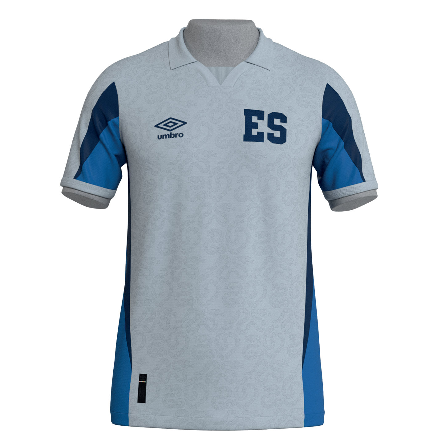 Light blue Umbro soccer jersey with "ES" on the chest. Features navy and royal blue side panels and sleeve details with a subtle all-over pattern.