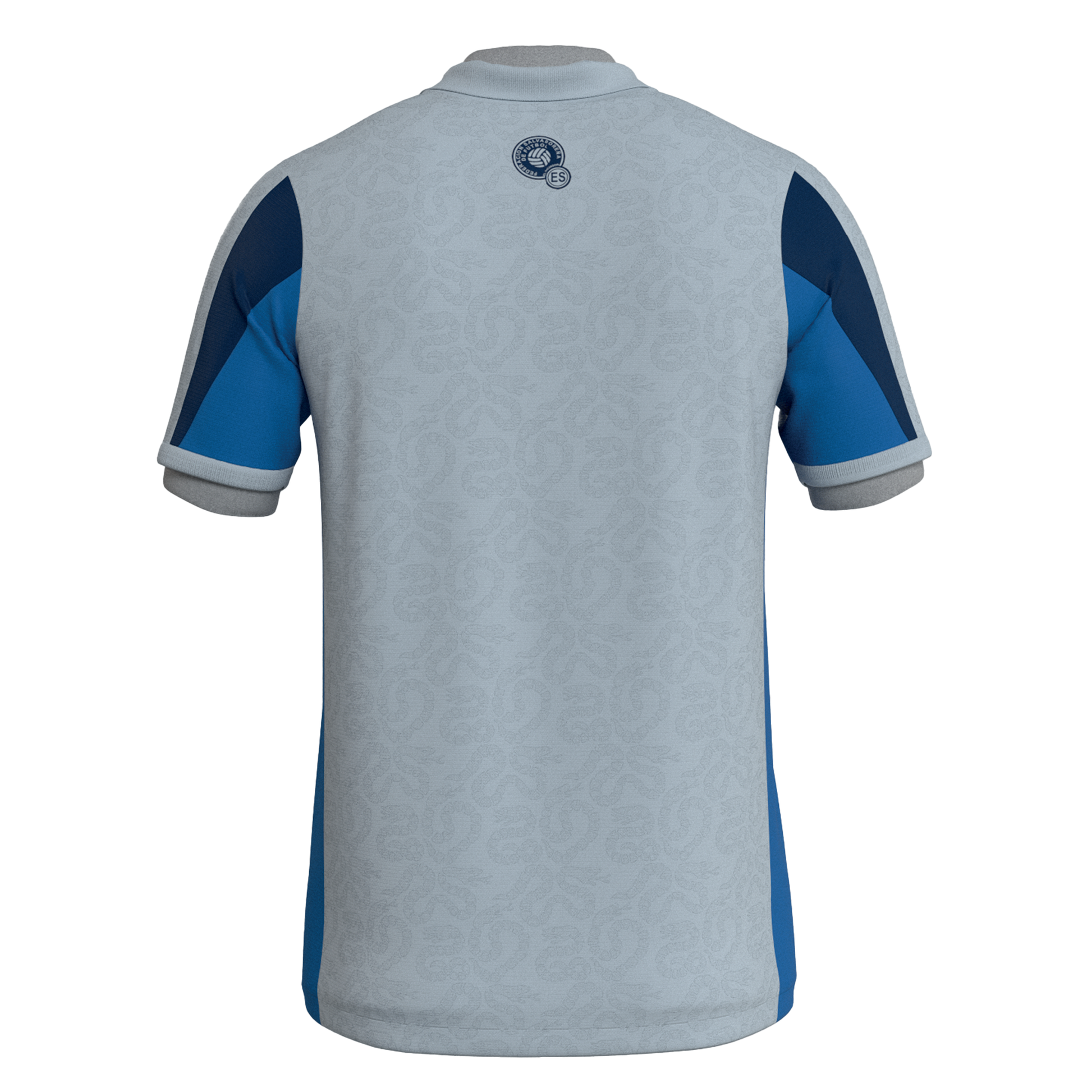 Back view of a light blue-grey soccer jersey with royal and navy blue panels, a subtle tonal wave pattern, and a small circular logo centered below the collar.