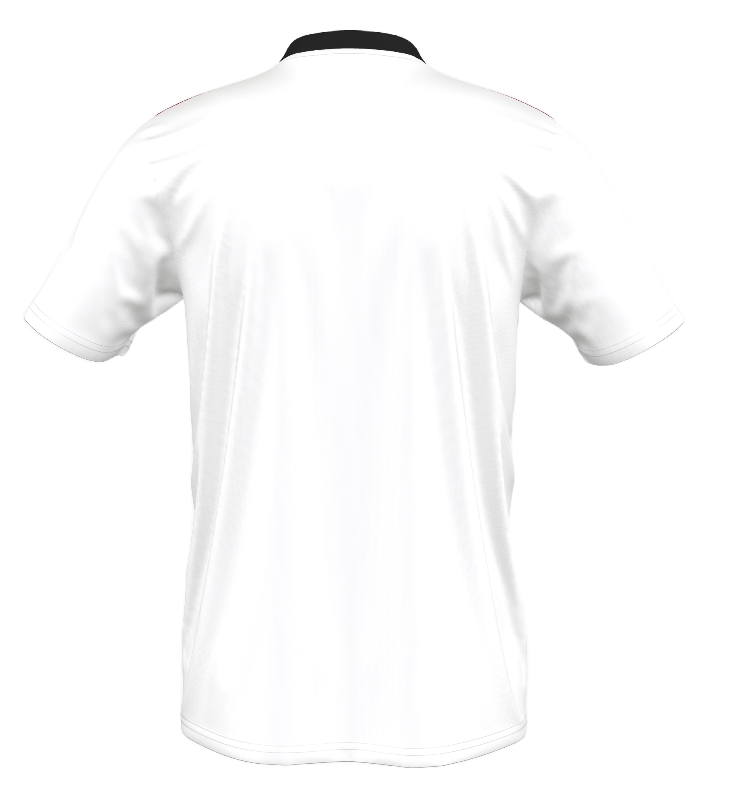 Back view of a white short-sleeved athletic jersey with a black collar and thin red shoulder stripes.
