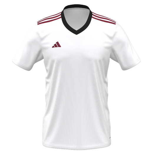 White Adidas athletic jersey featuring a black V-neck collar, maroon stripes on the shoulders, and a maroon logo on the right chest.