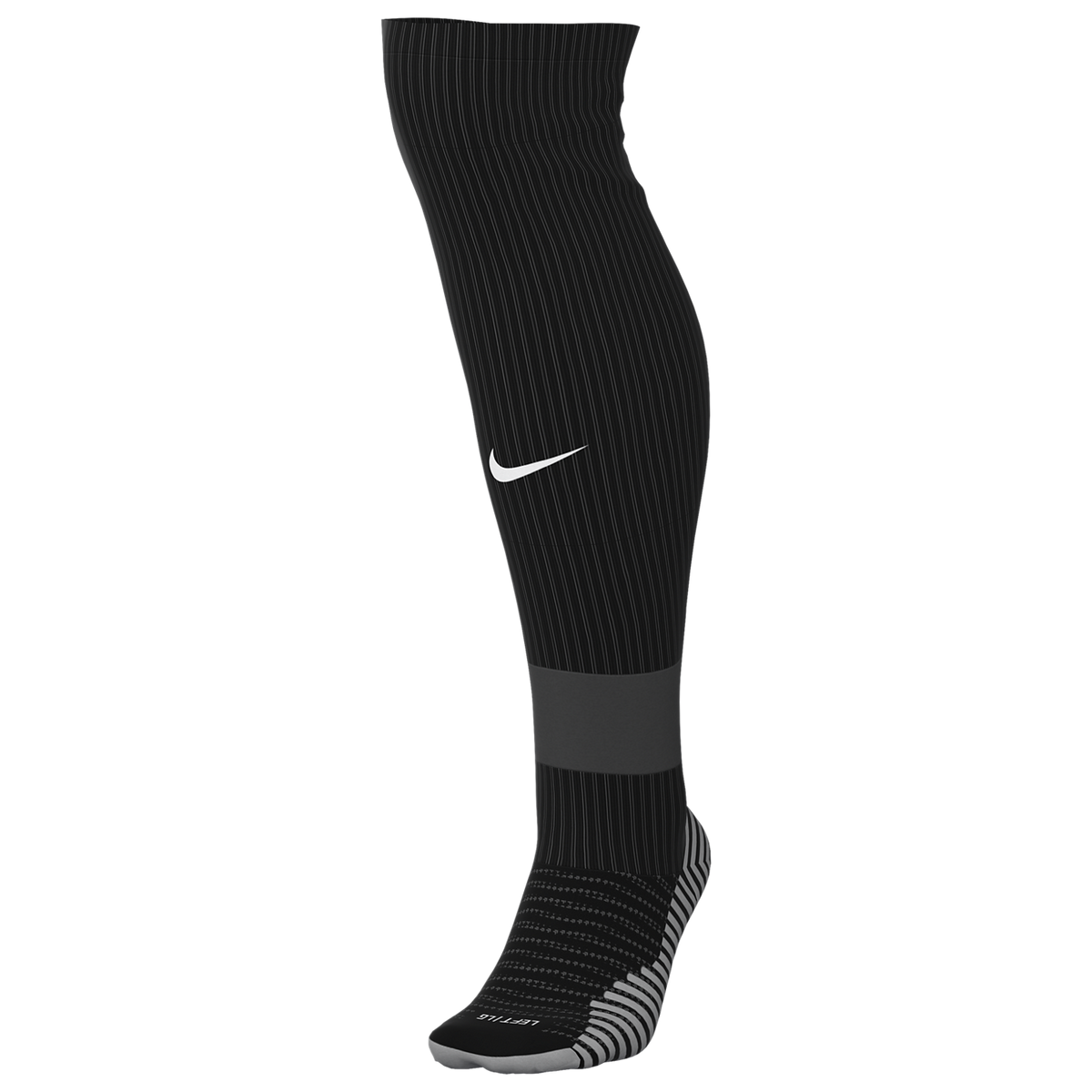 A black knee-high Nike soccer sock featuring a white swoosh, a grey ankle band, and a patterned grey footbed, shown in a side profile view.