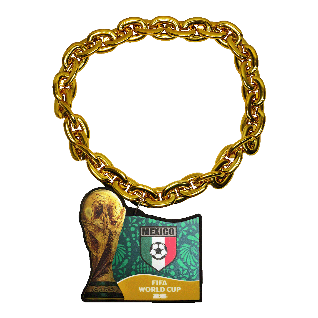 A thick, chunky gold-colored link chain with a large pendant. The pendant features a representation of the FIFA World Cup trophy, the Mexico national soccer team crest, and the text "FIFA WORLD CUP 26" against a green and yellow background.